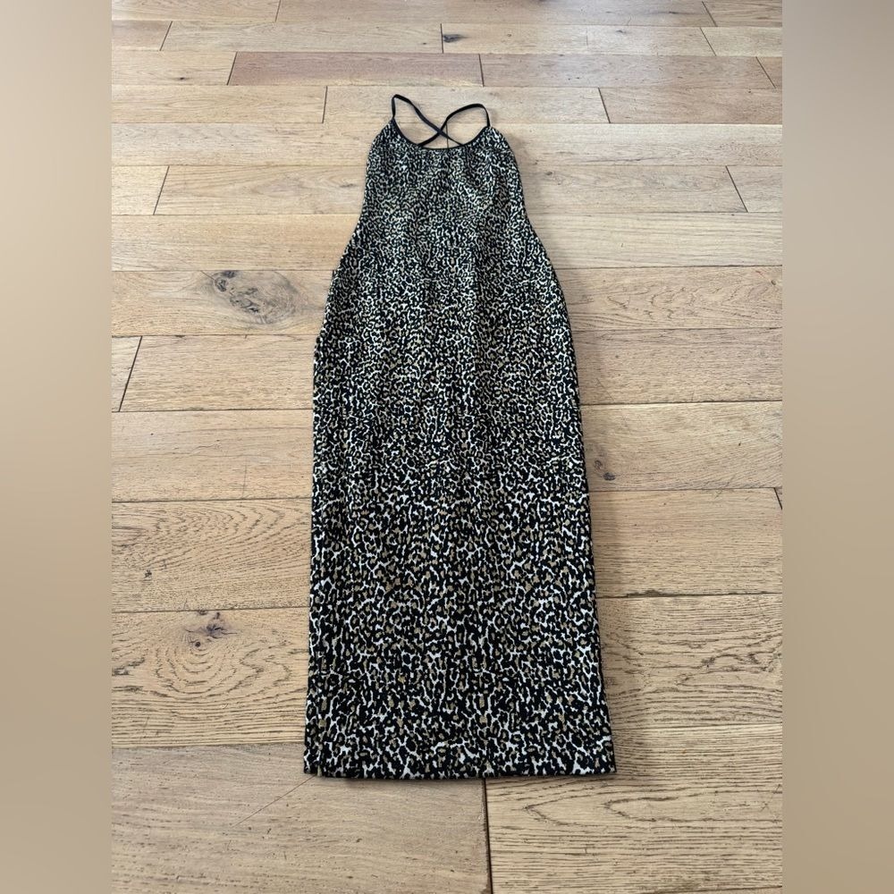 Leopard Print Midi Dress with Spaghetti Straps - Black/Cream
